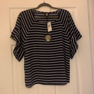 Bobeau Ruffled Navy Blue and White Striped Blouse